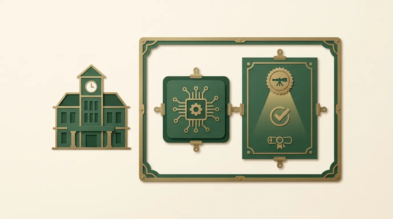 A single game software tile sits inside a testing frame beside a scoped certificate; neighbouring operator building stays outside