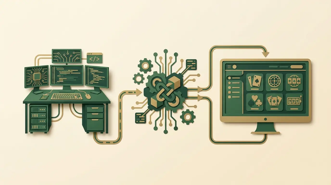 Software studio gear, aggregator hub and casino lobby screen connected in a calm left-to-right supply chain