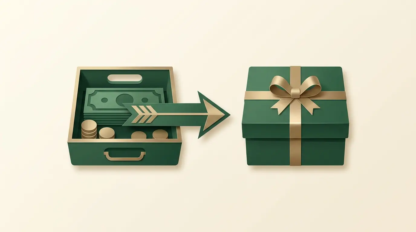 Two distinct account compartments: an open cash tray and a closed bonus gift compartment, with the payout arrow only from the cash tray