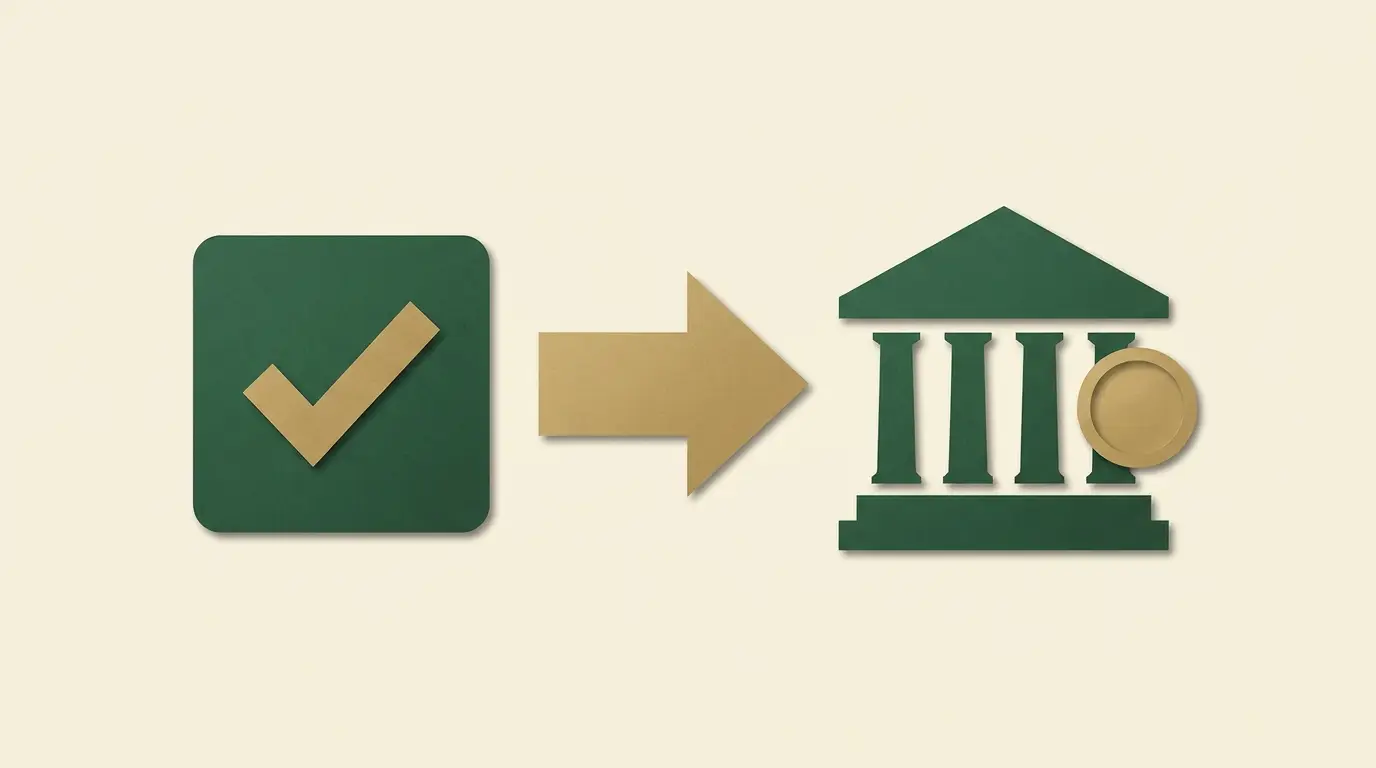 An approval check tile on the left separated by a wide arrow from a bank and arriving coin on the right