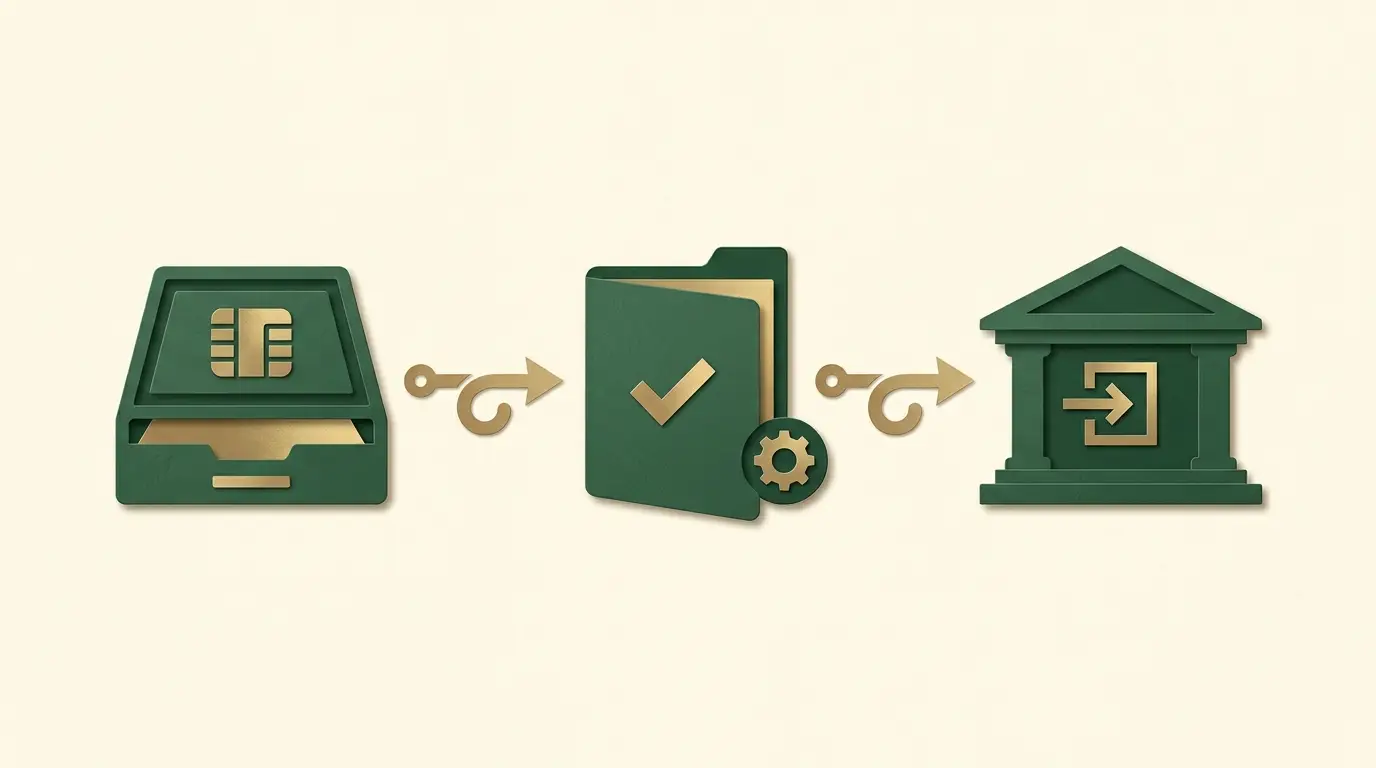 Casino account tray, review folder and receiving bank arranged as three separate stages connected by directional arrows