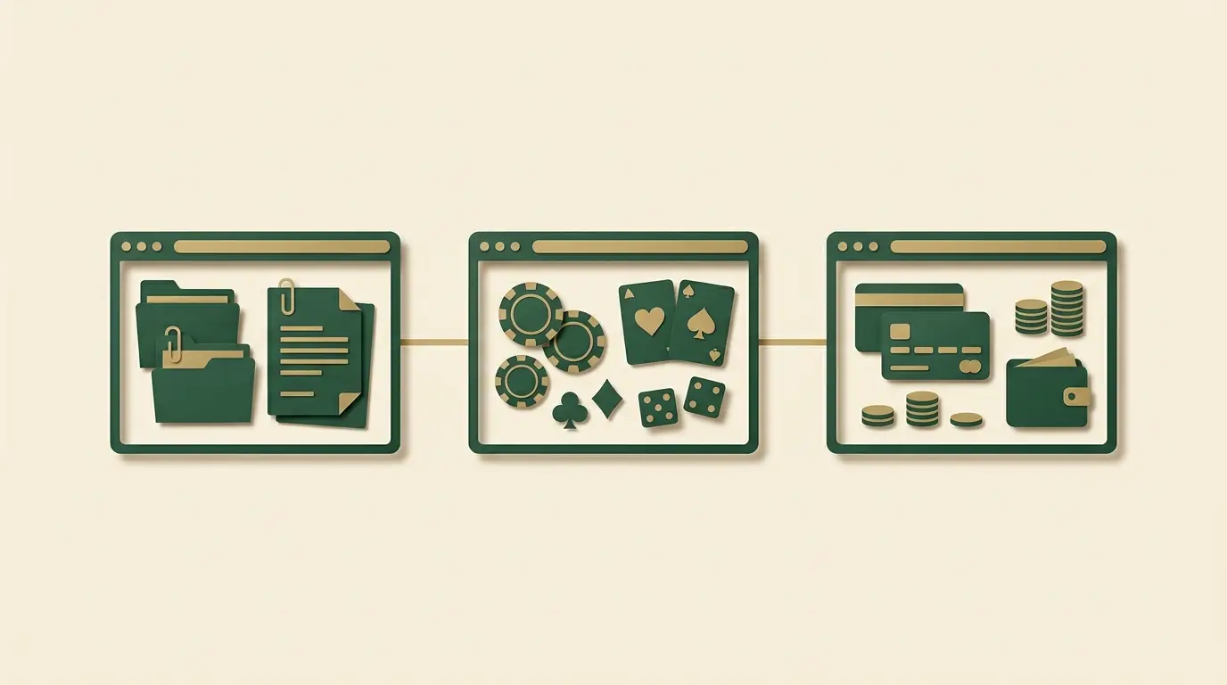 Three similar browser windows contain different operator-document, game and payment tiles on separate jurisdiction platforms