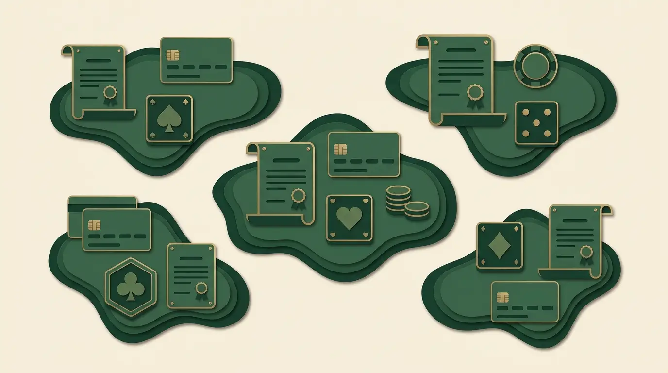 Separate abstract jurisdiction islands each hold different combinations of operator permit, payment card and game tile