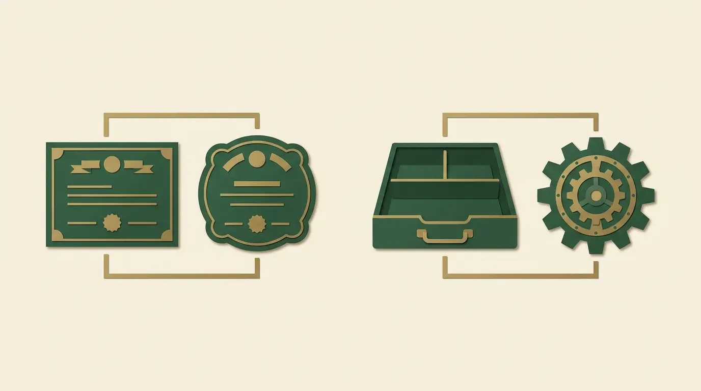 Two distinct permits rest beside an operator account tray and a software gear, with separate bounded scopes