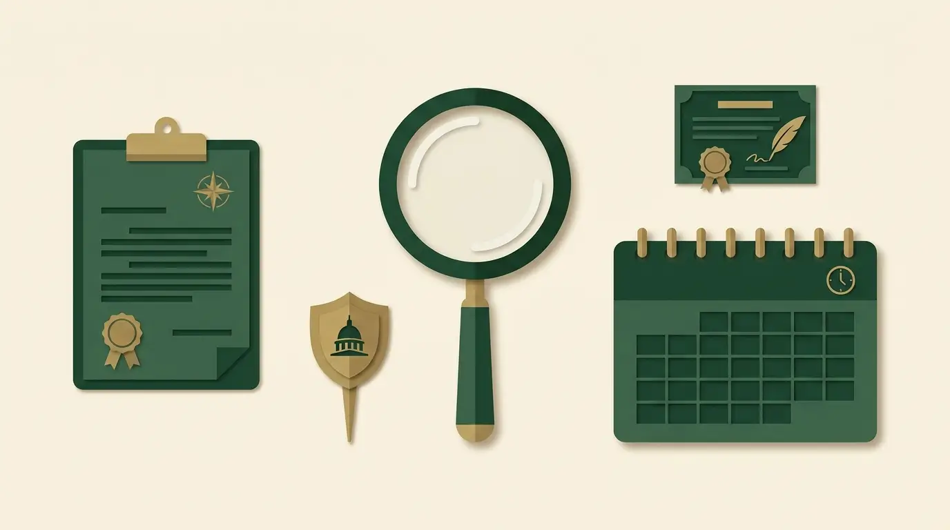 Primary-source document, jurisdiction pin and unnumbered calendar arranged around a magnifying glass