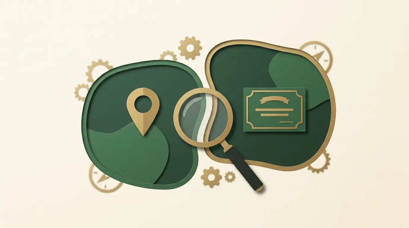 A location pin stands inside one bounded region while an operator permit sits in another; a magnifying glass inspects the boundary