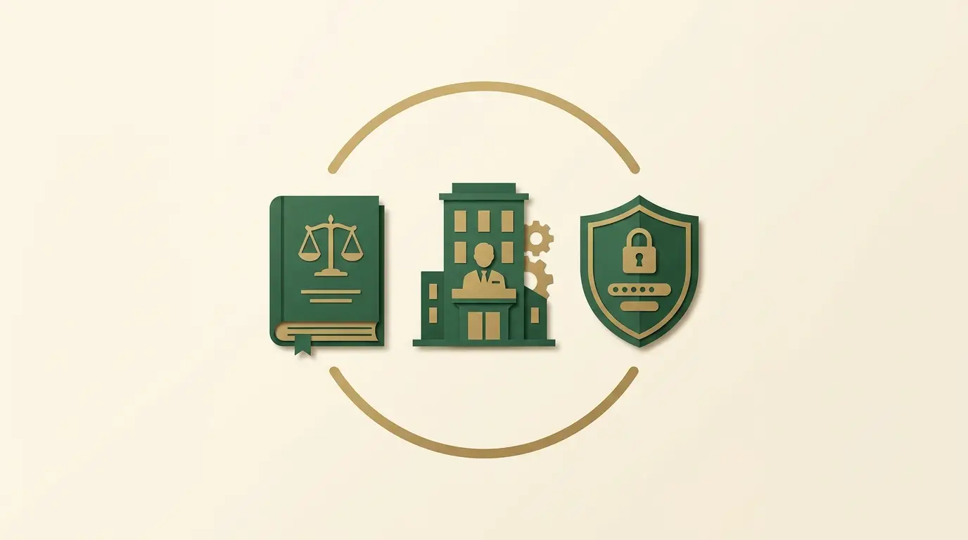 A law book, operator building and account-control shield inside a defined jurisdiction boundary