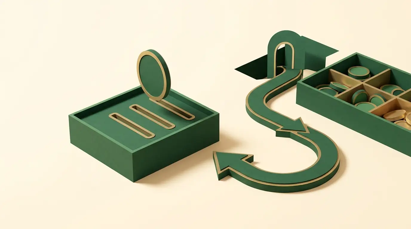A deposit coin enters an account tray; a separate wagering loop returns funds and branches toward a revenue tray