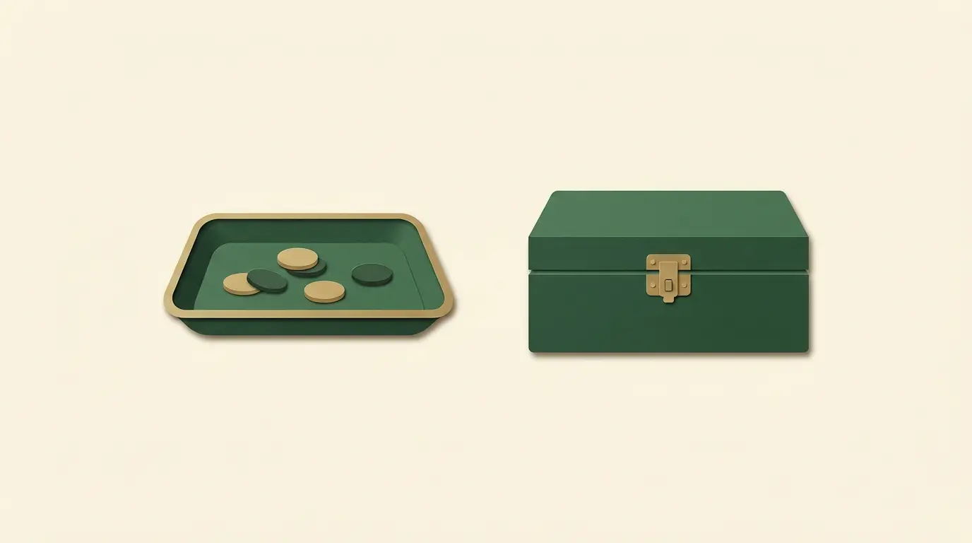 A modest entertainment coin tray sits apart from a closed household budget box, with no upward growth arrows