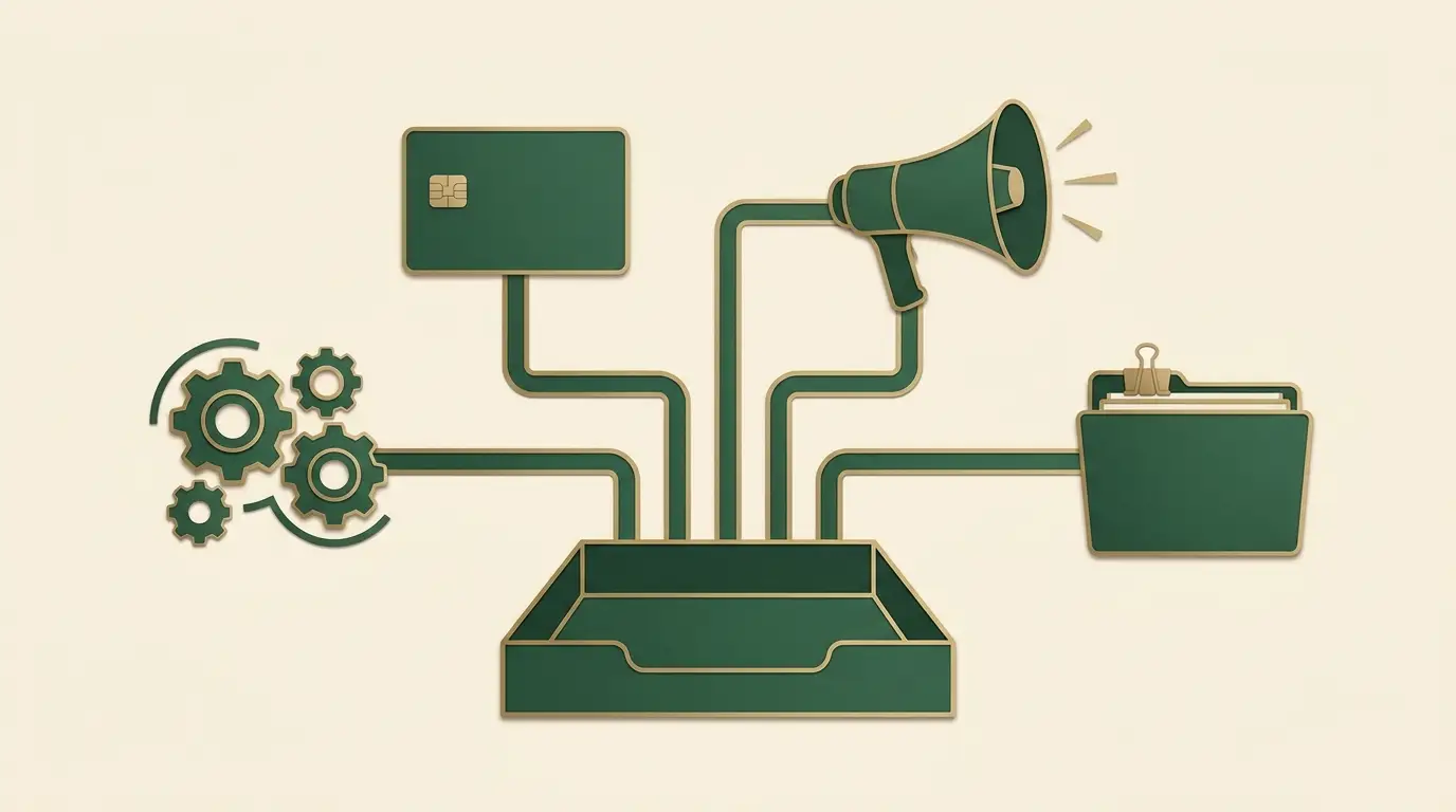 A revenue tray connects to distinct software gear, payment card, compliance folder and marketing megaphone; no proportional sizes