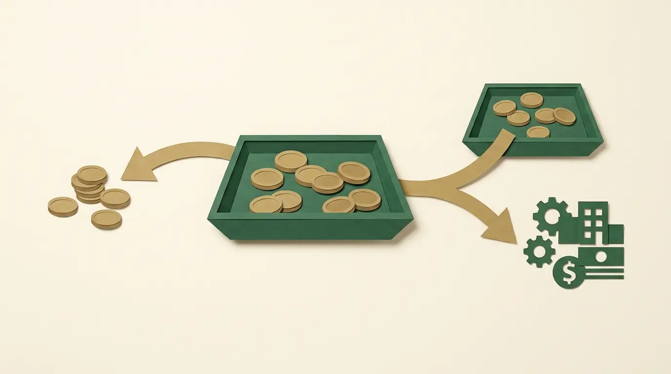 A wagering tray sends coins back through a payout arrow while a separate remaining-revenue tray branches toward operating costs