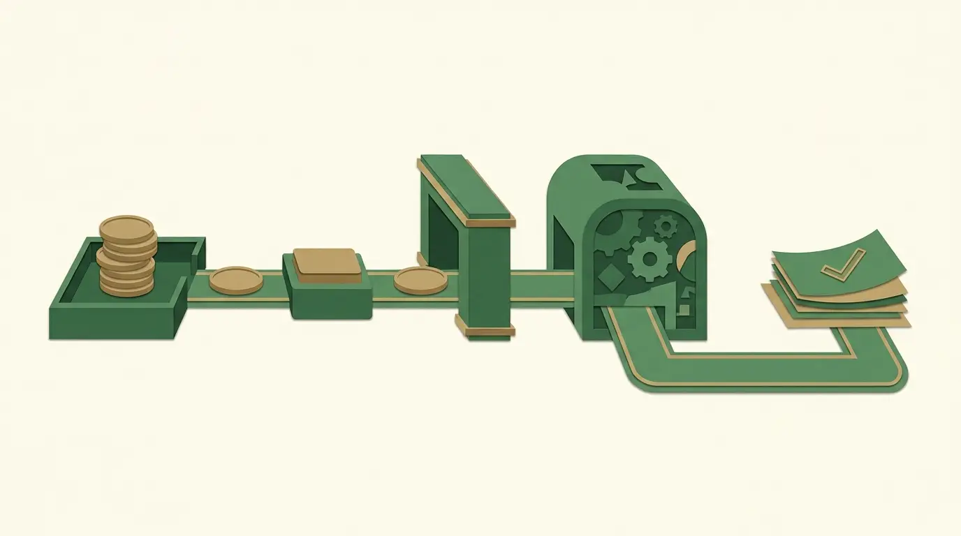 A single plain stake token moving from an account tray into a game module, with a separate return route ending at a receipt