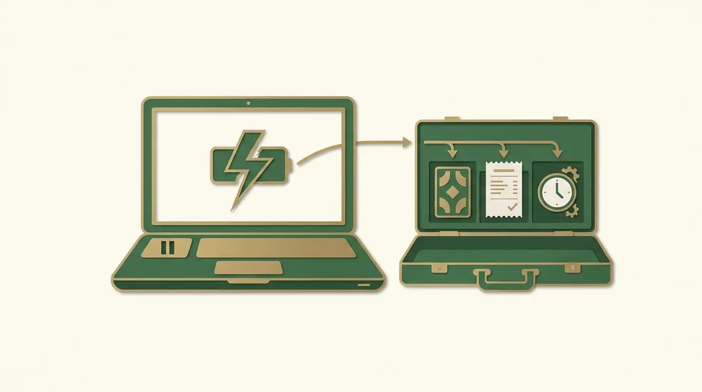 A laptop with a broken connection symbol beside an orderly case folder containing a game tile, receipt and clock icon