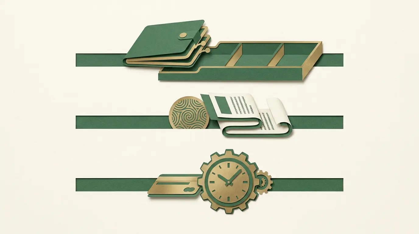Three separate horizontal transaction lanes: a wallet entering an account tray, a patterned promotional token held behind a terms document, and an.