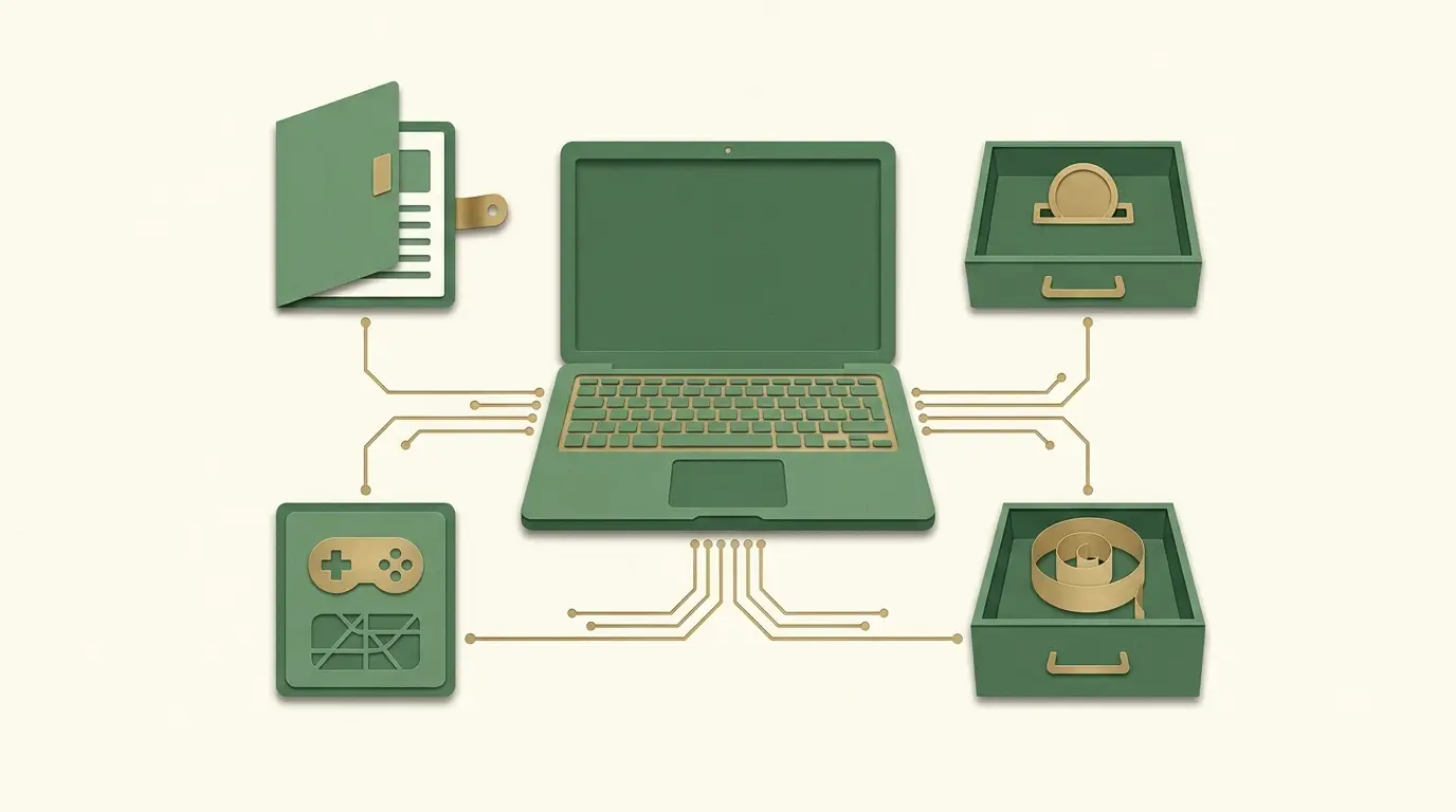 An exploded editorial model of a laptop: separate account document, wallet tray, game tile and receipt drawer connected by fine brass routes