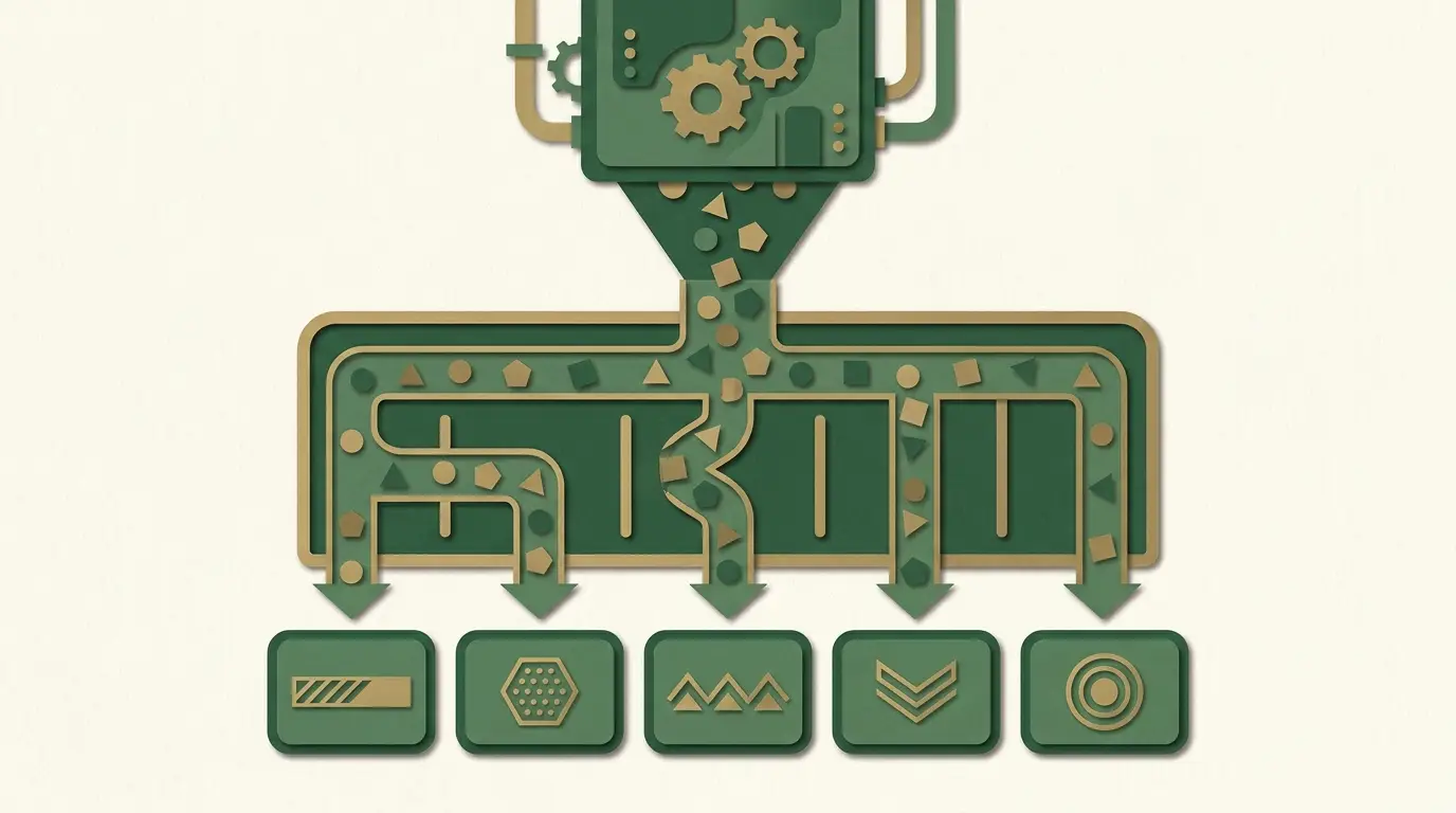 An abstract random-input module releasing differently shaped tokens into a mapping board, which routes them toward geometric reel tiles