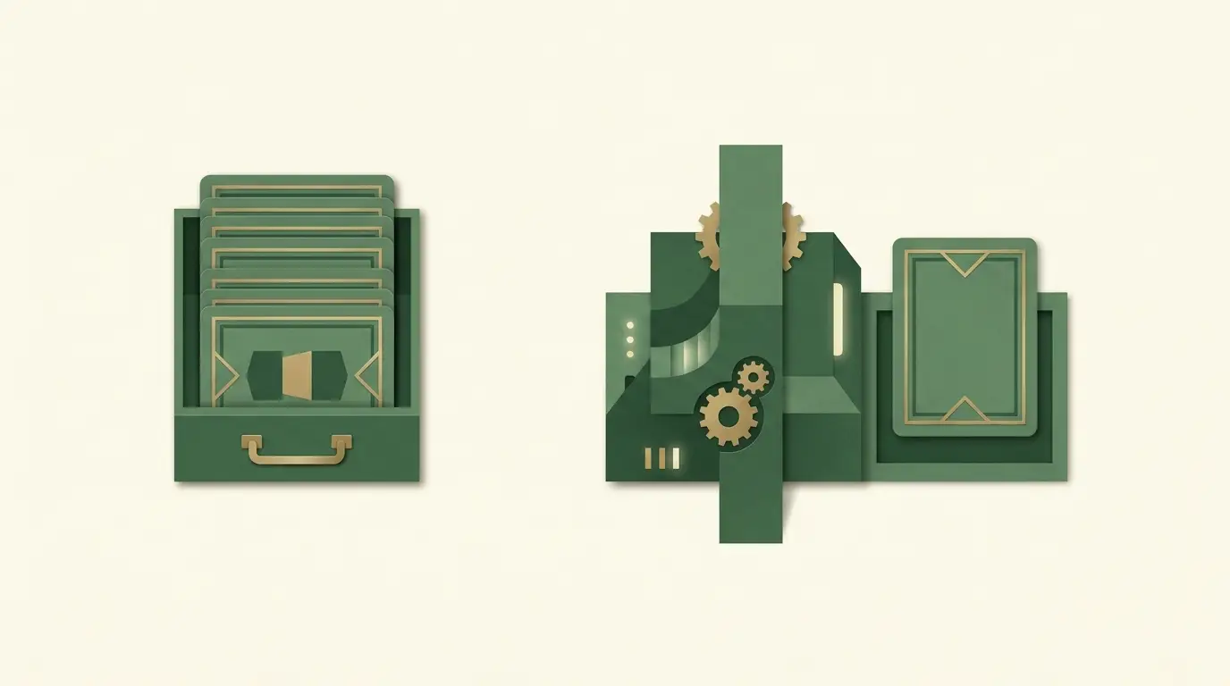 Several closed past-round tiles resting in an archive tray, separated by a clear gap from a fresh random-input module and a new unresolved tile