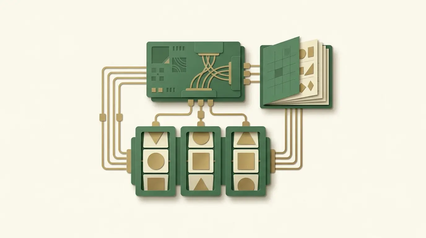 A cutaway generic slot interface: abstract geometric reel tiles in front, a random-input module and separate paytable booklet behind, with clean.