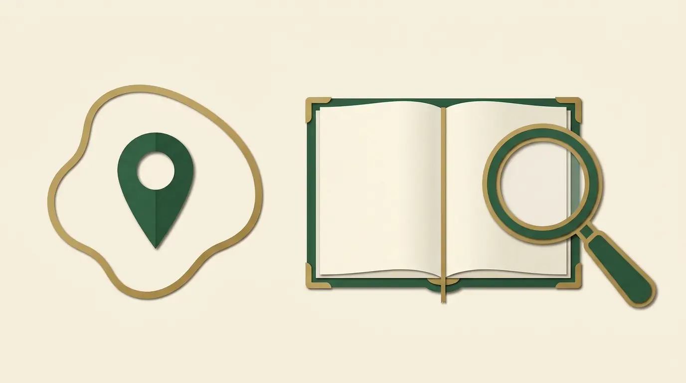 A location pin inside a bounded jurisdiction shape beside an official register book and magnifying glass