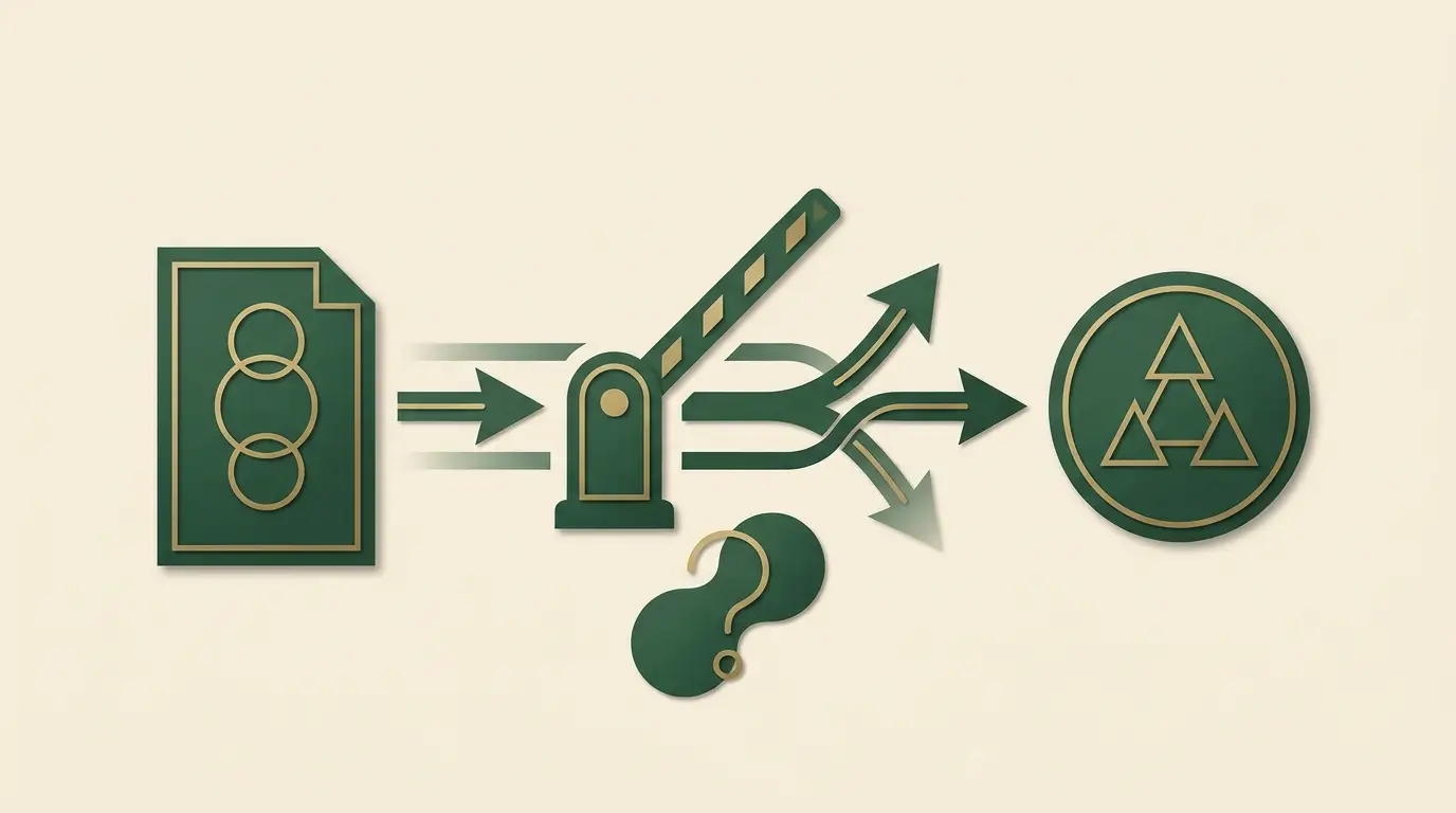An operator document and register record have clearly different geometric identifiers; a stop gate interrupts the payment path