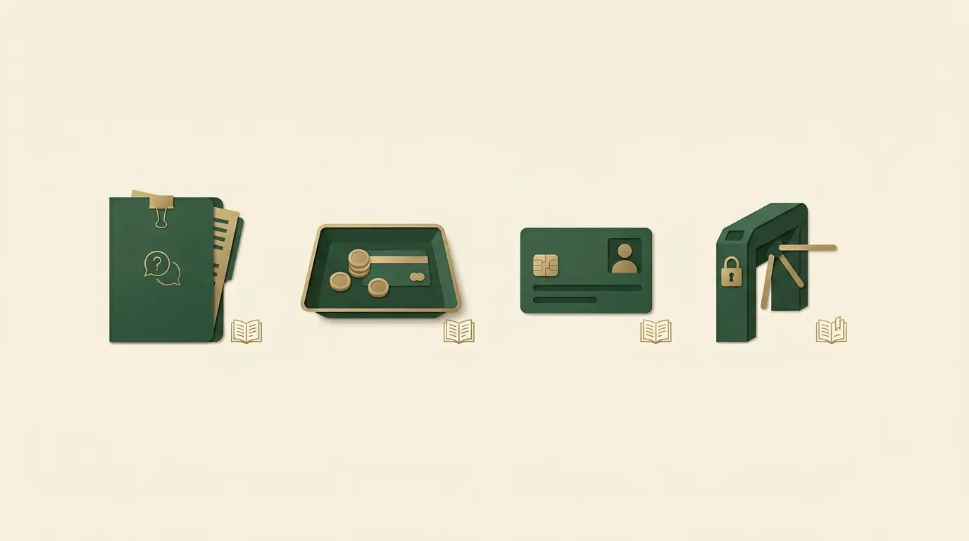 Four separated account-protection objects: complaint folder, payment tray, identity document and limit gate