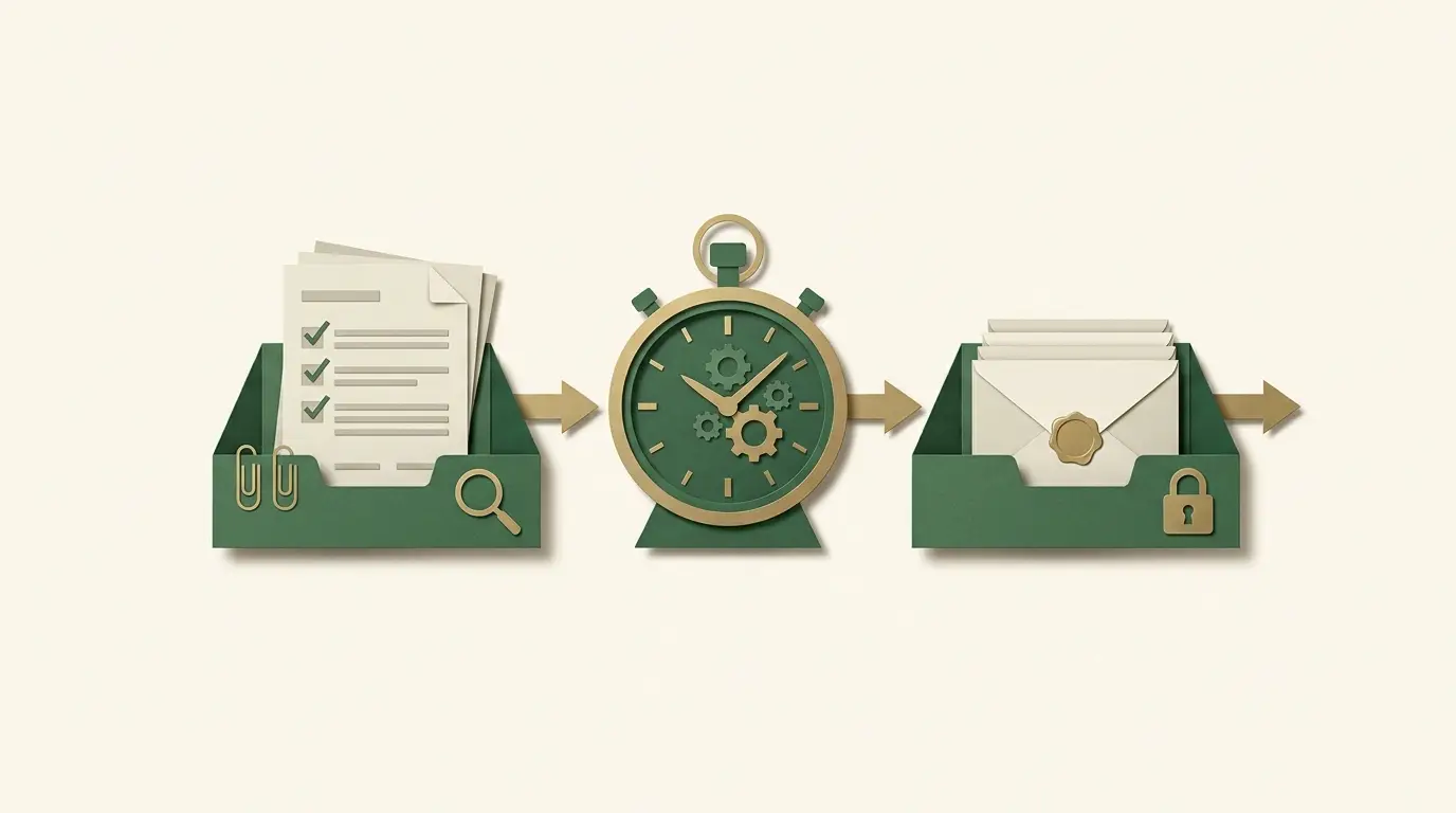 A payment route divided into two clearly separated stations: an operator document-review tray and a bank-envelope delivery tray, with a clock between them