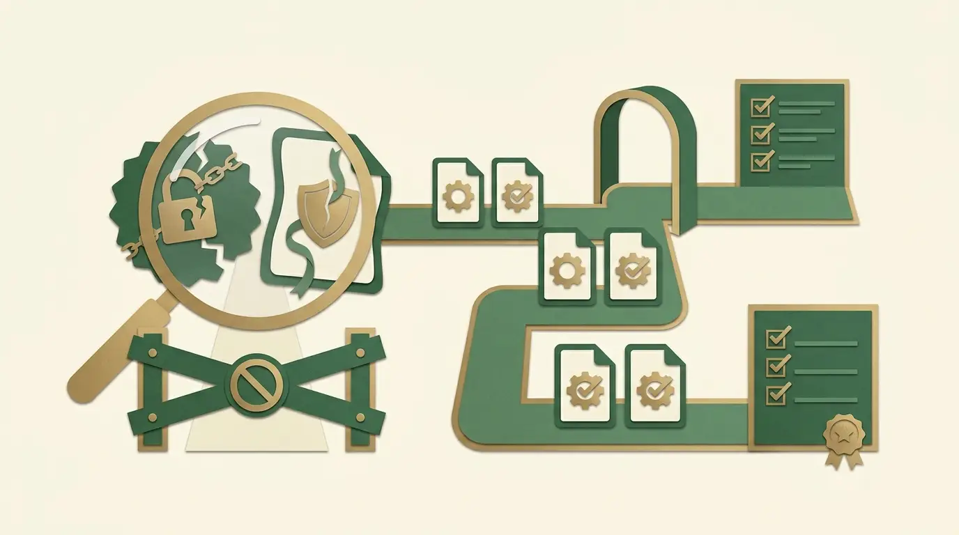 A decision board with a magnified mismatched pair of domain-document icons stopped by a barrier