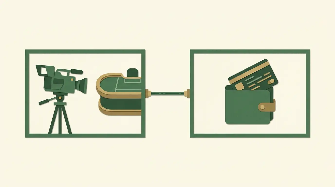 A camera and studio table enclosed in one frame, and a wallet with operator account record in another, joined by a narrow transmission line