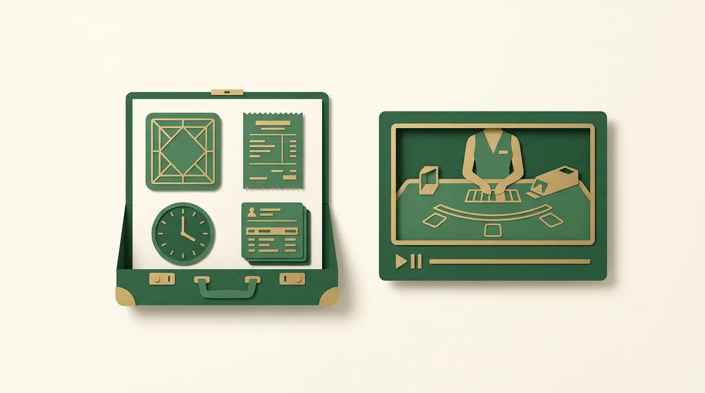 A compact evidence folder beside a paused video pane, holding a table tile, round receipt, clock icon and account record as distinct objects