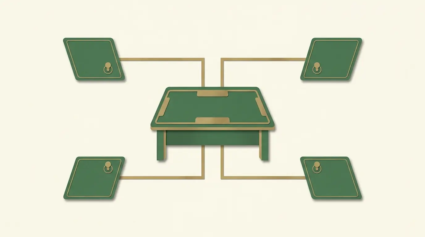 One empty common table linked to several clearly separated facedown hand panels, each with its own small decision control