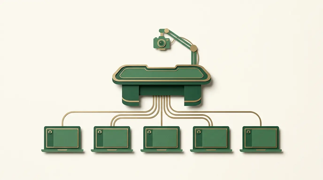 An empty live table under a studio camera, with several separate laptop account tiles connected to the same table through fine brass paths
