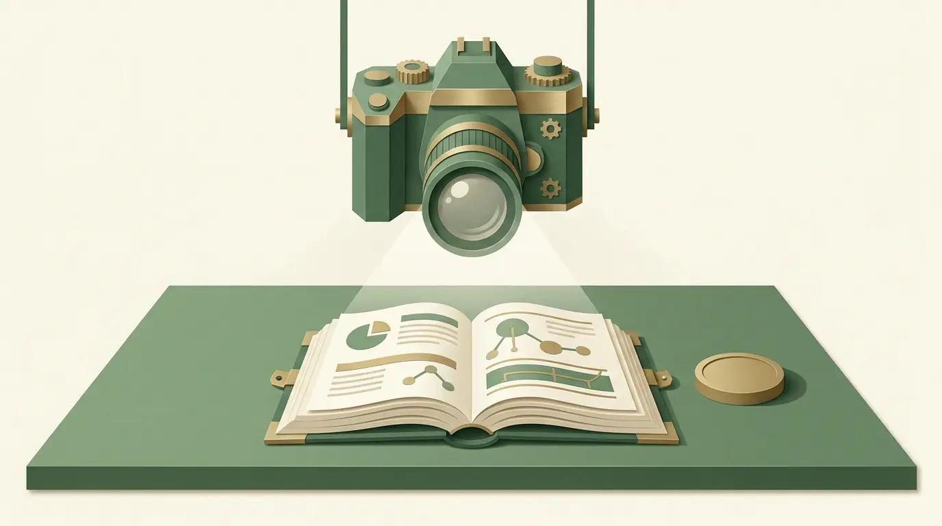 A camera above an empty game table next to an open rulebook