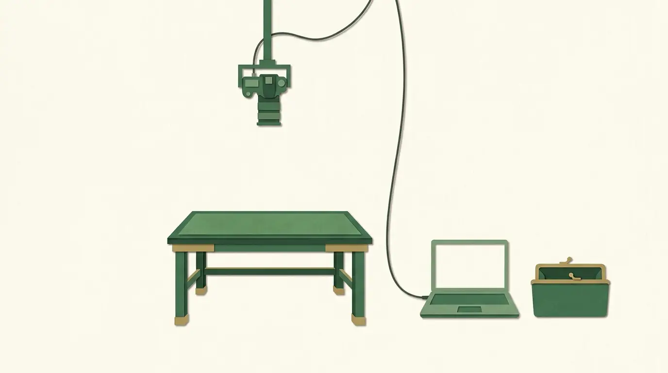 An empty studio table beneath a camera connected by a fine cable to a laptop, with a separate account wallet beside the laptop