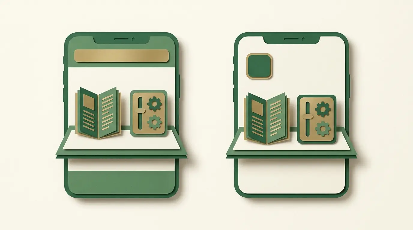 Two upright phones at equal scale: one with a simple browser address bar and one with an app tile