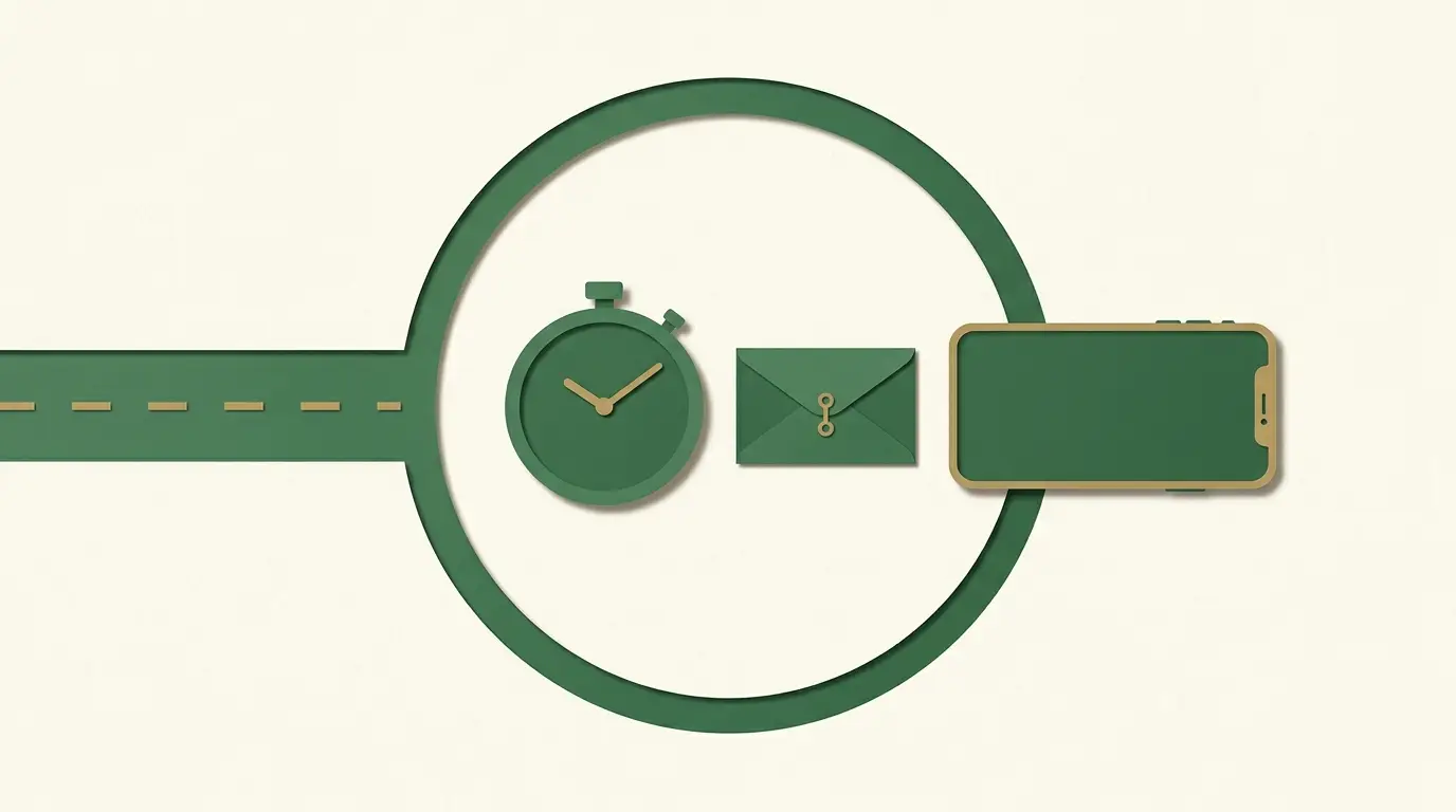 A smartphone resting outside a clearly bounded ring beside a plain timer and a small closed spending envelope