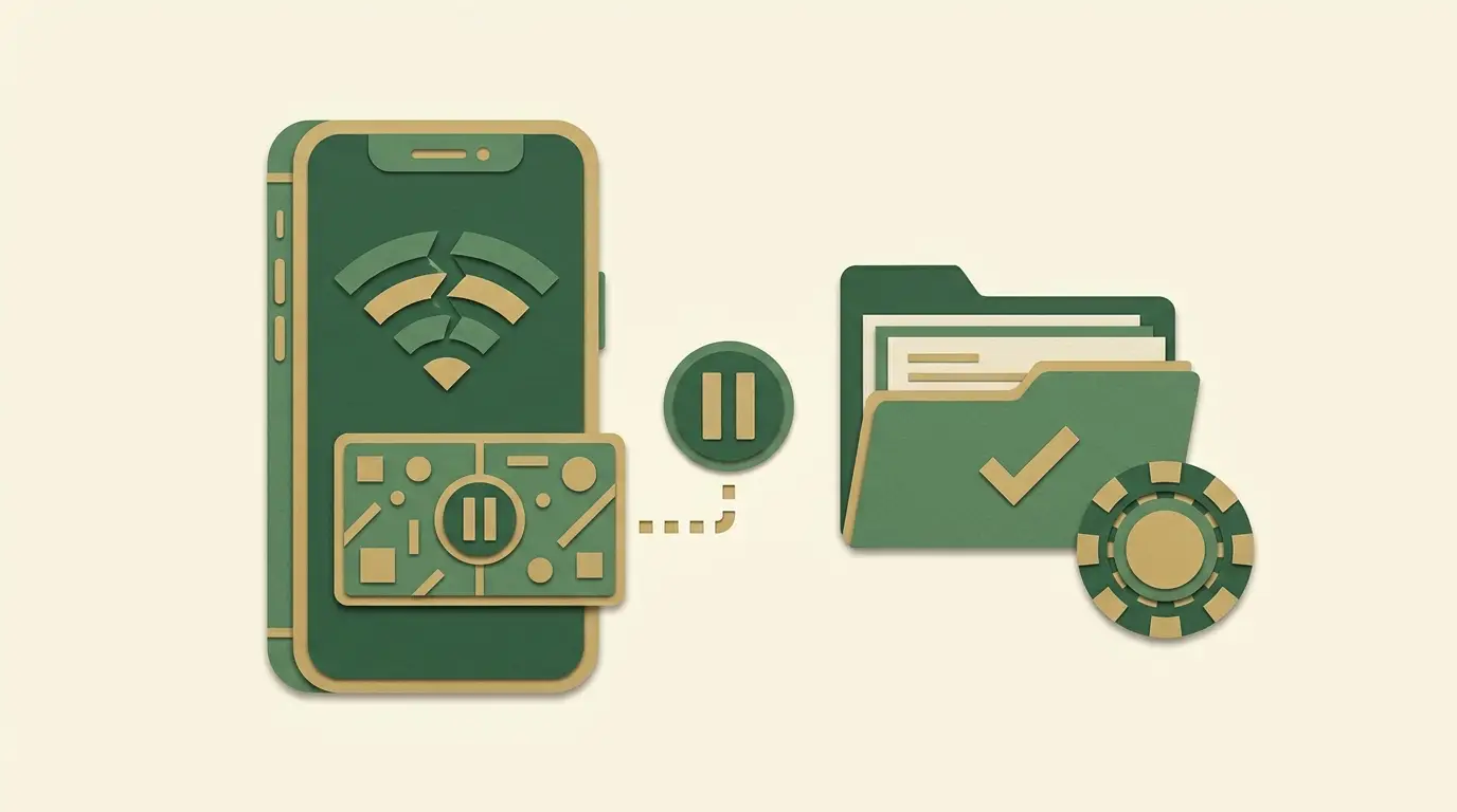 A phone with a broken wireless symbol and paused game tile beside an intact transaction-history folder