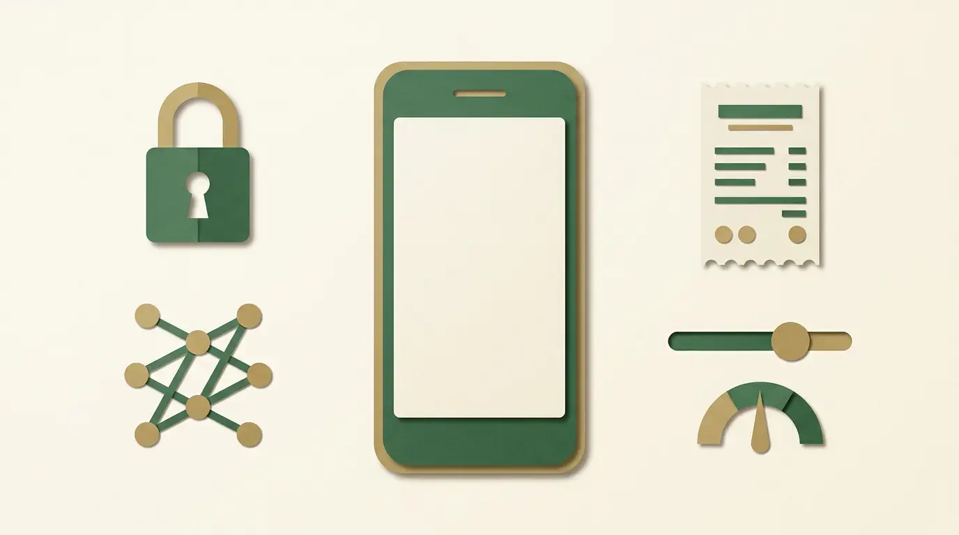 An upright smartphone with a plain game tile, surrounded by separate lock, connection, receipt and limit-control objects