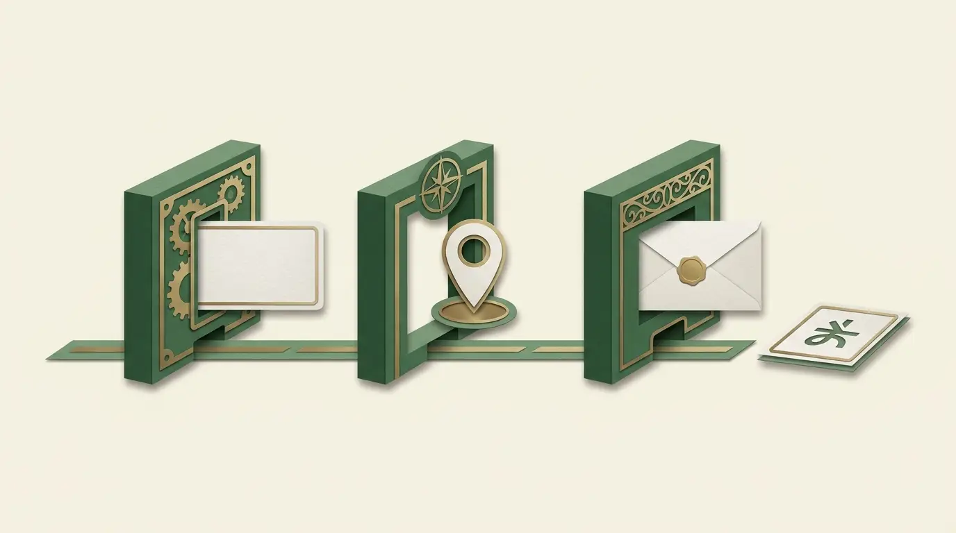 An eligibility gate with an unmarked account card, location marker and invitation envelope