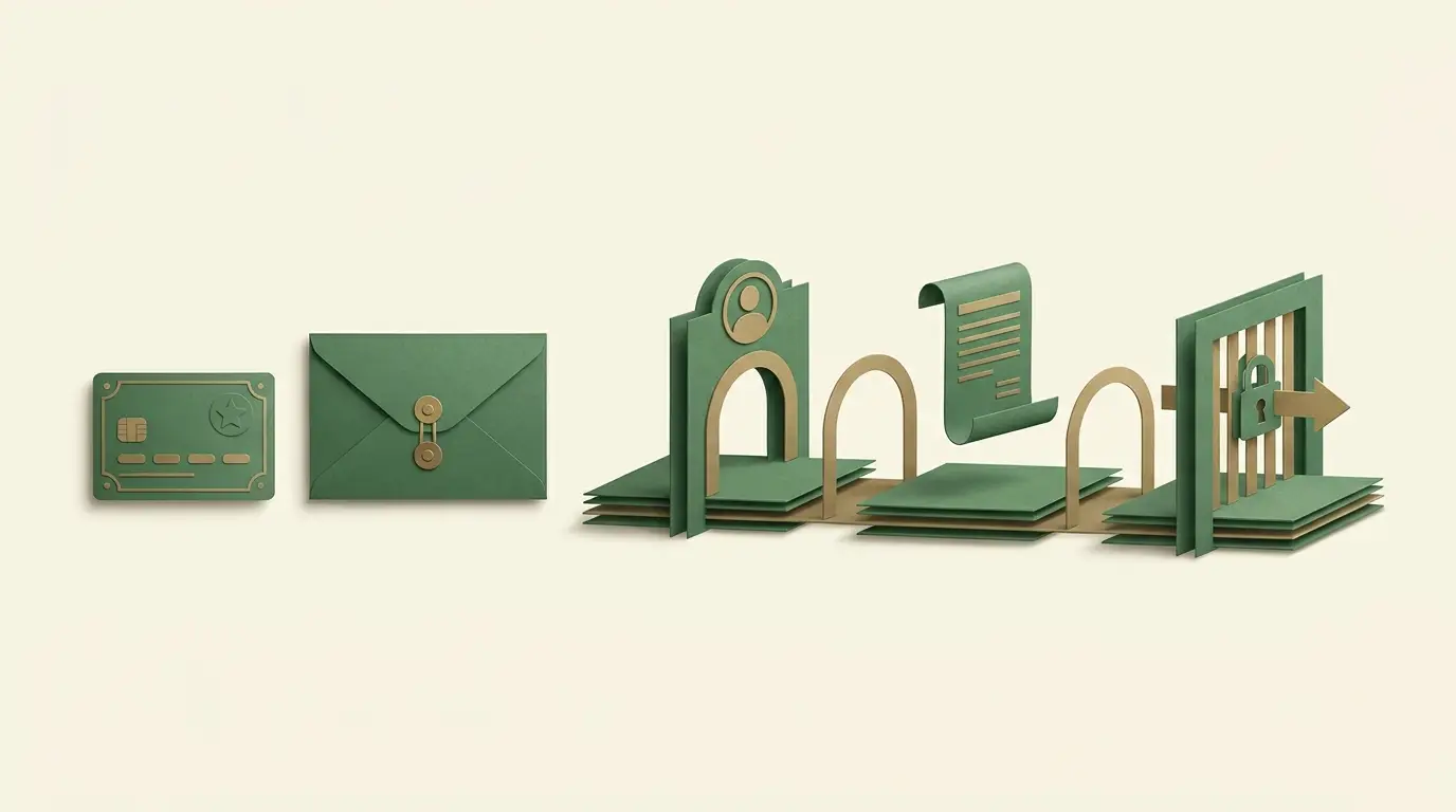 A small promotional credit tile appears beside a closed deposit envelope, but identity, rules and withdrawal checkpoints remain visibly ahead