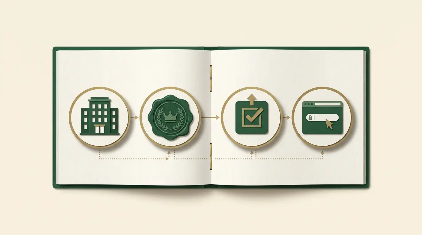 A register book with four distinct icon fields for company building, licence seal, status tile and browser window