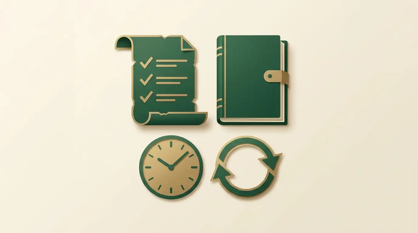 An old record sheet beside a fresh register book, with an unnumbered clock and circular recheck arrow