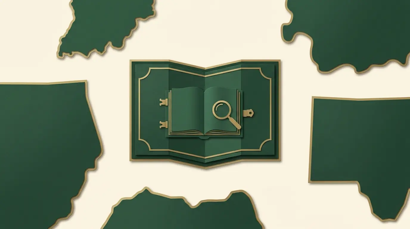 An official register book and magnifying glass within one bounded map region, with other regions visibly separate