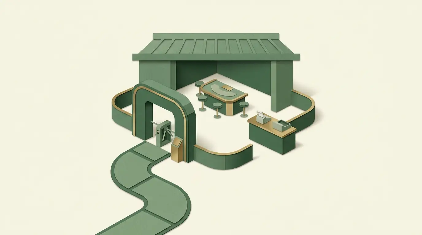 A restrained physical venue model with an empty table, entry checkpoint and receipt counter