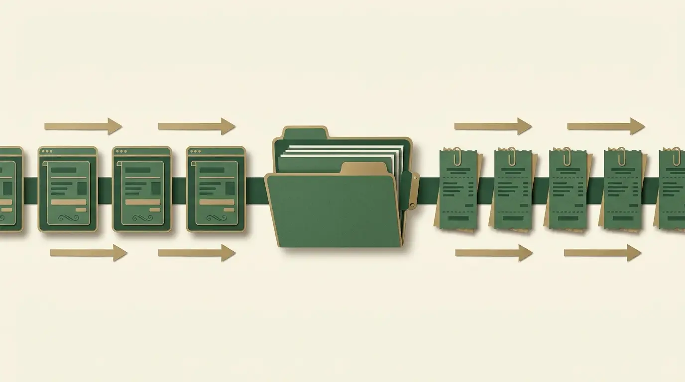Parallel complaint evidence routes: digital account receipts on one side and paper venue receipts on the other, both ending in a document folder