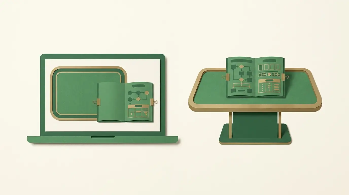 Two identical empty table surfaces, one inside a laptop frame and one on a physical pedestal, each paired with a different open rules booklet