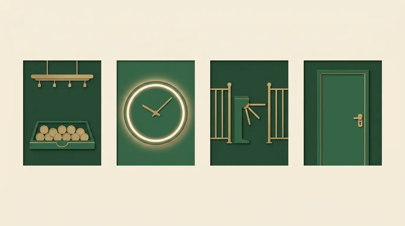 A coin tray below a ceiling bar, an unnumbered clock reminder, pause gate and closed door in four separated panels