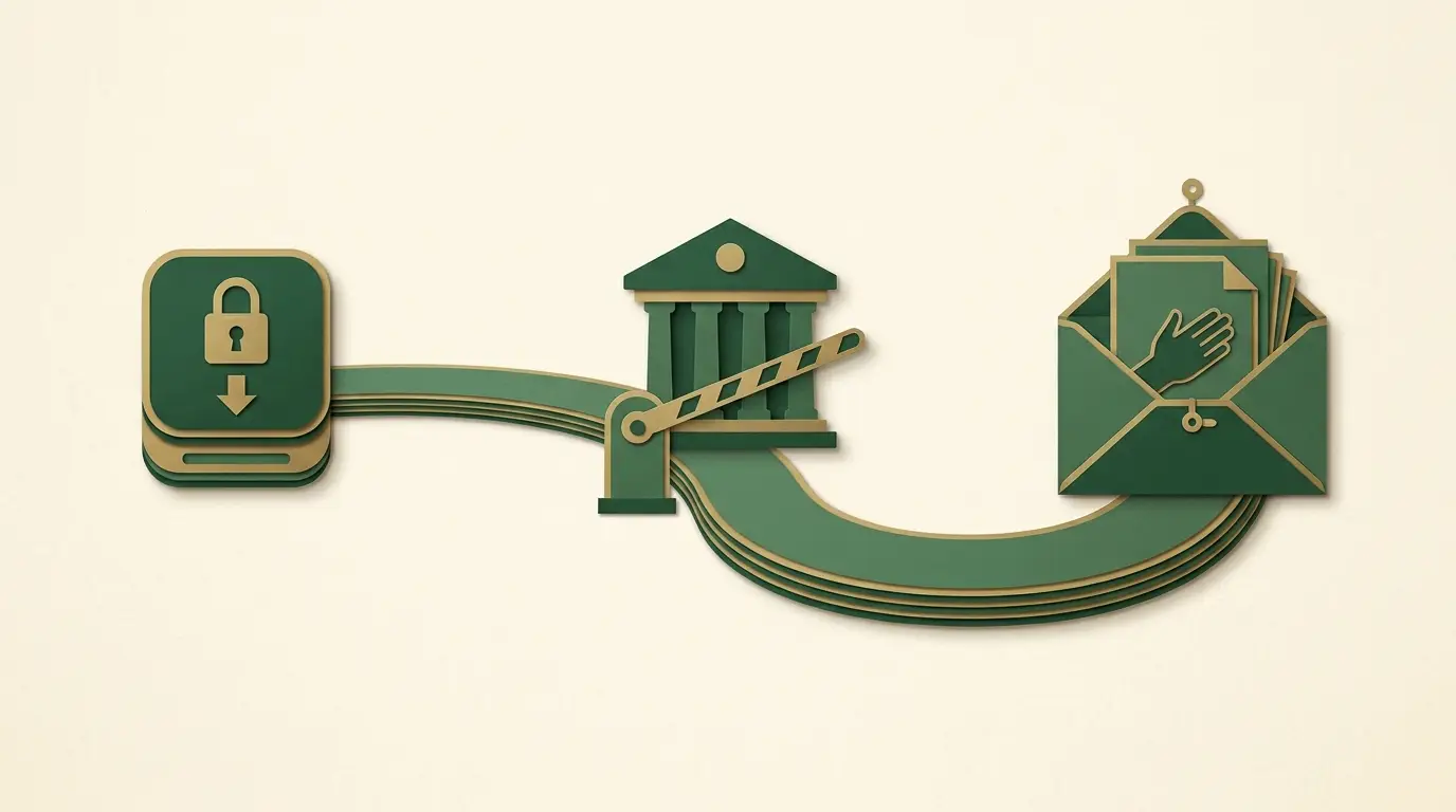 A closed gambling-app tile, bank stop gate and open support envelope arranged along a calm path away from the app