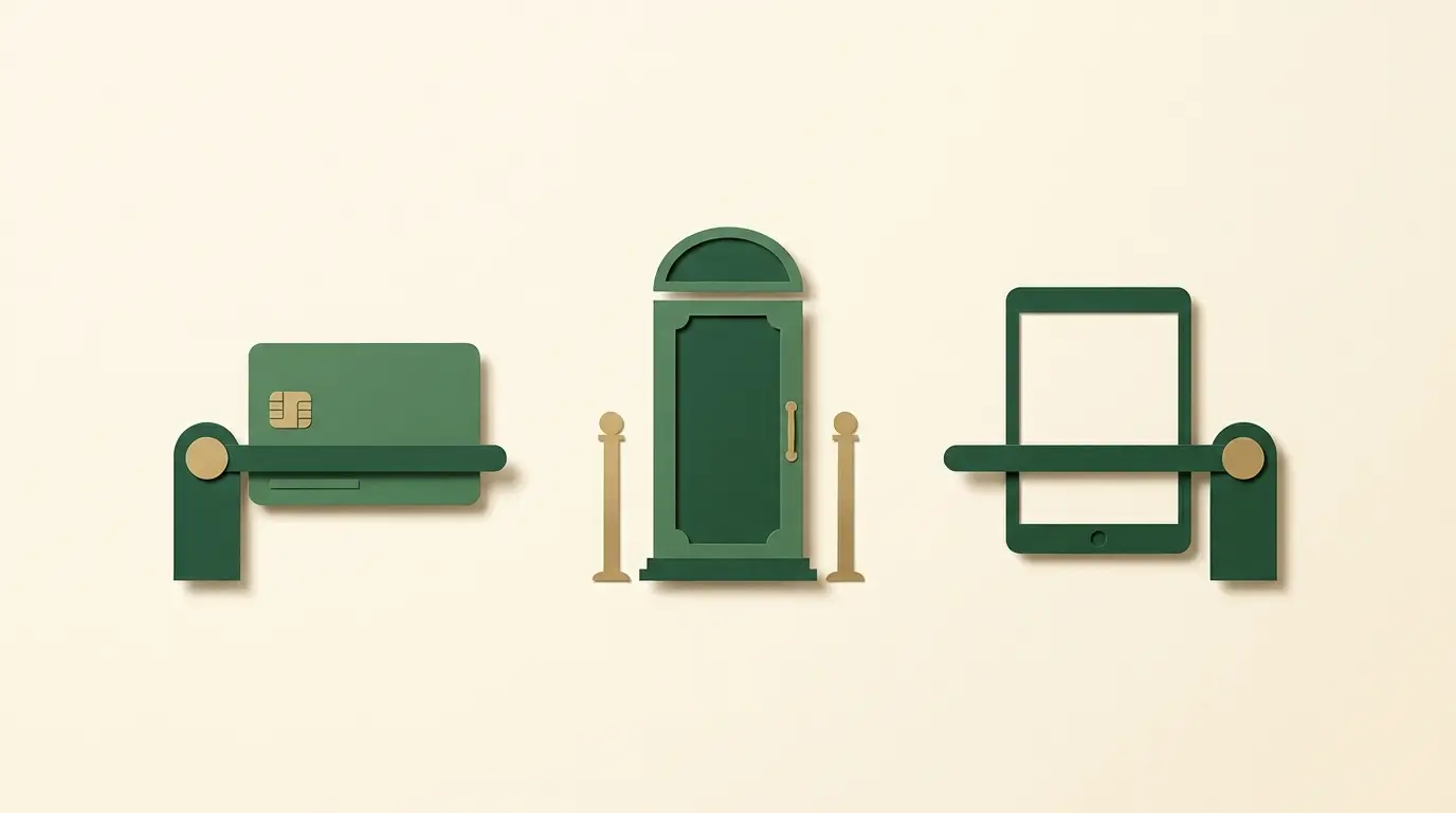A bank card and device each protected by an independent stop gate, with a separate closed casino doorway
