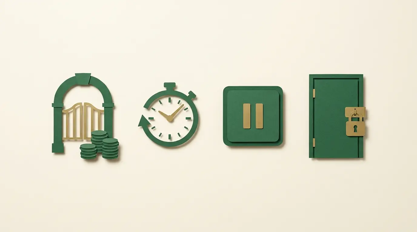 Four distinct control objects on an uncluttered desk: spending gate, unnumbered timer, pause tile and locked access door
