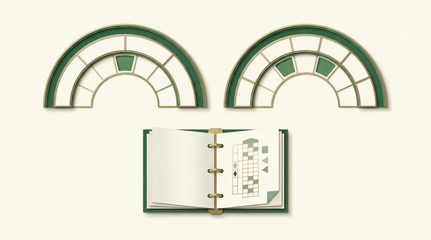 Two schematic cropped wheel arcs, one with a single green inset and one with a pair of green insets